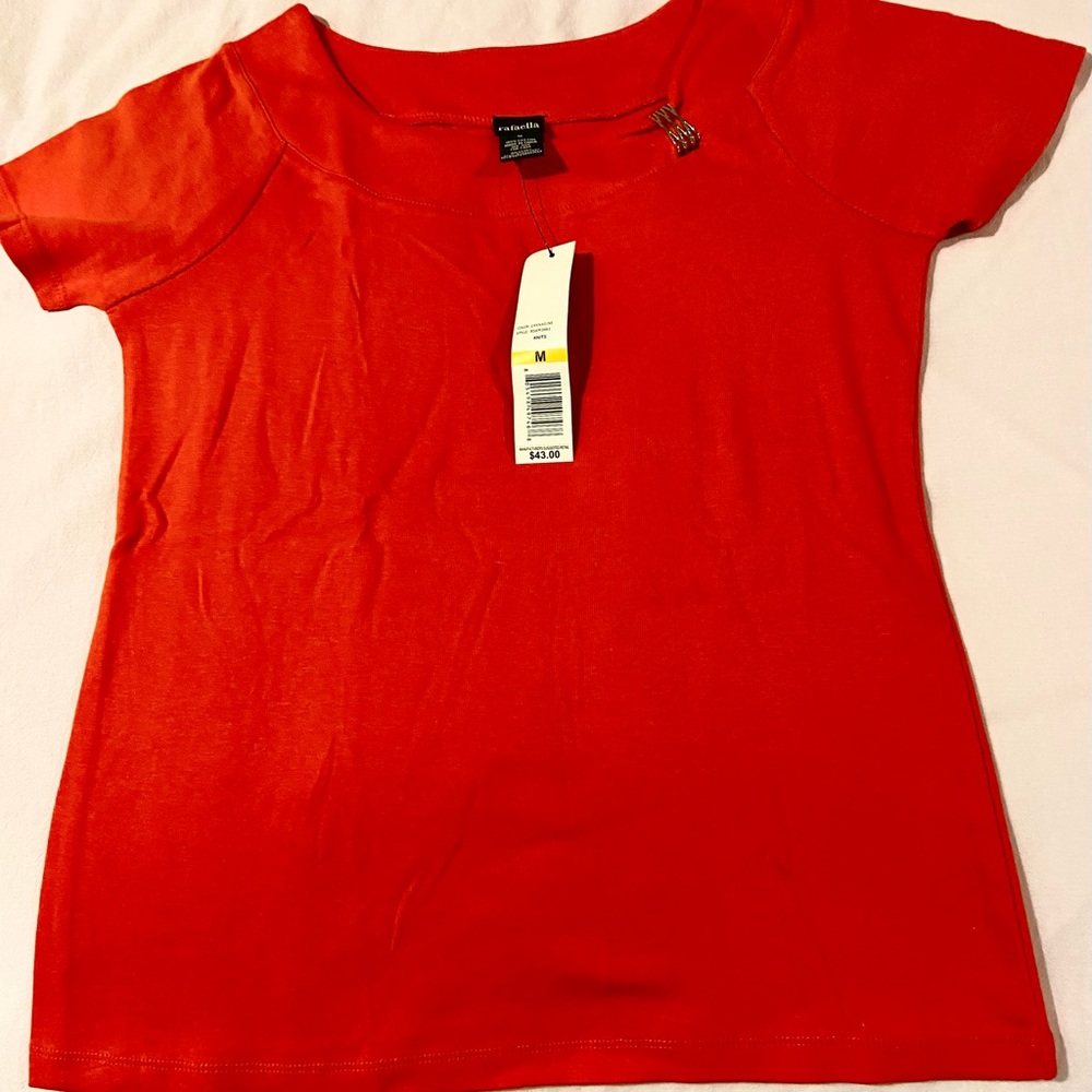 🦊NEW! Rafaela Red Orange Embellished Scoop Neck Short Sleeve Cotton Tee. M, NWT